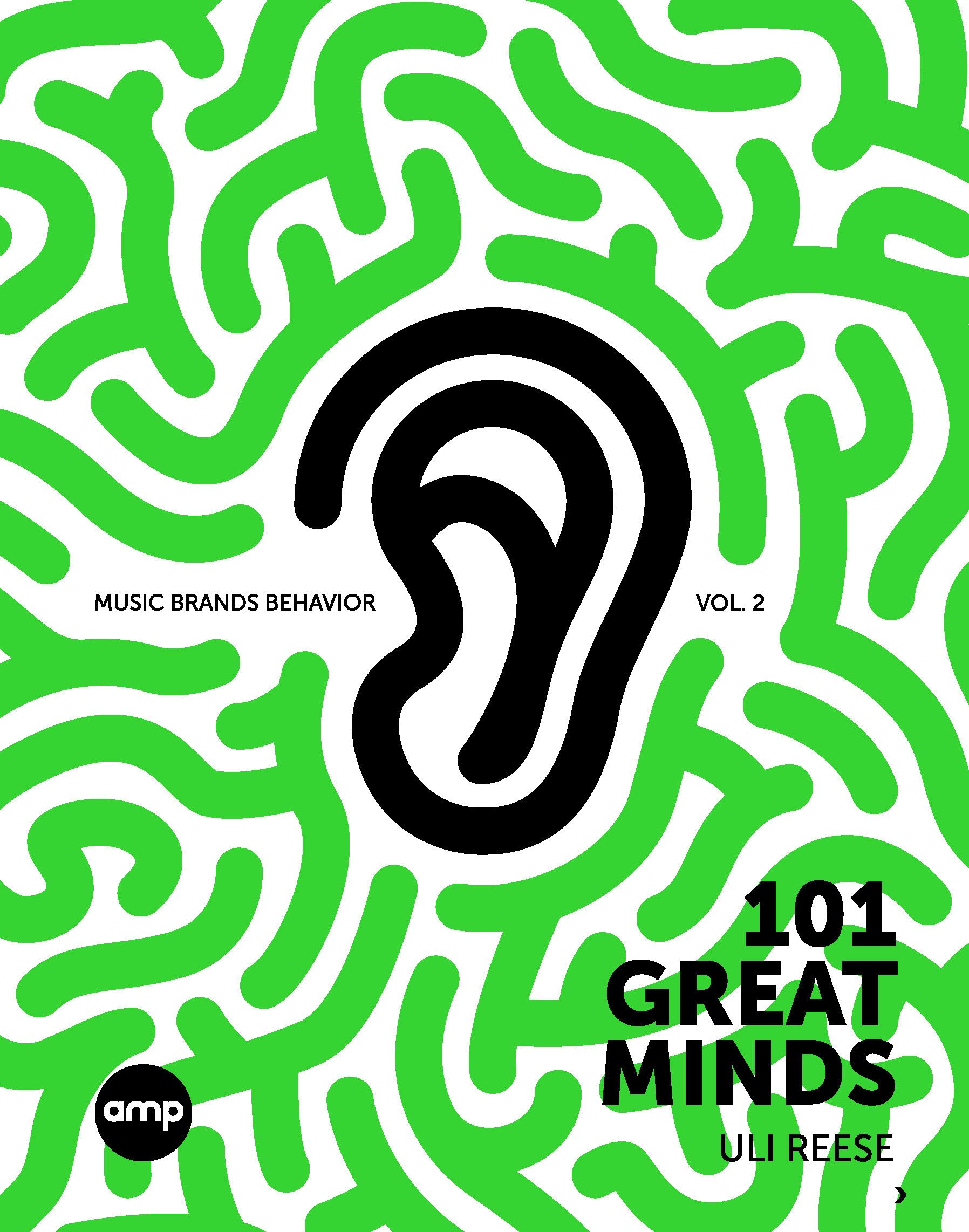 Cover of a book titled '101 Great Minds' by Uli Reese, featuring a large black ear illustration and a green maze-like background.