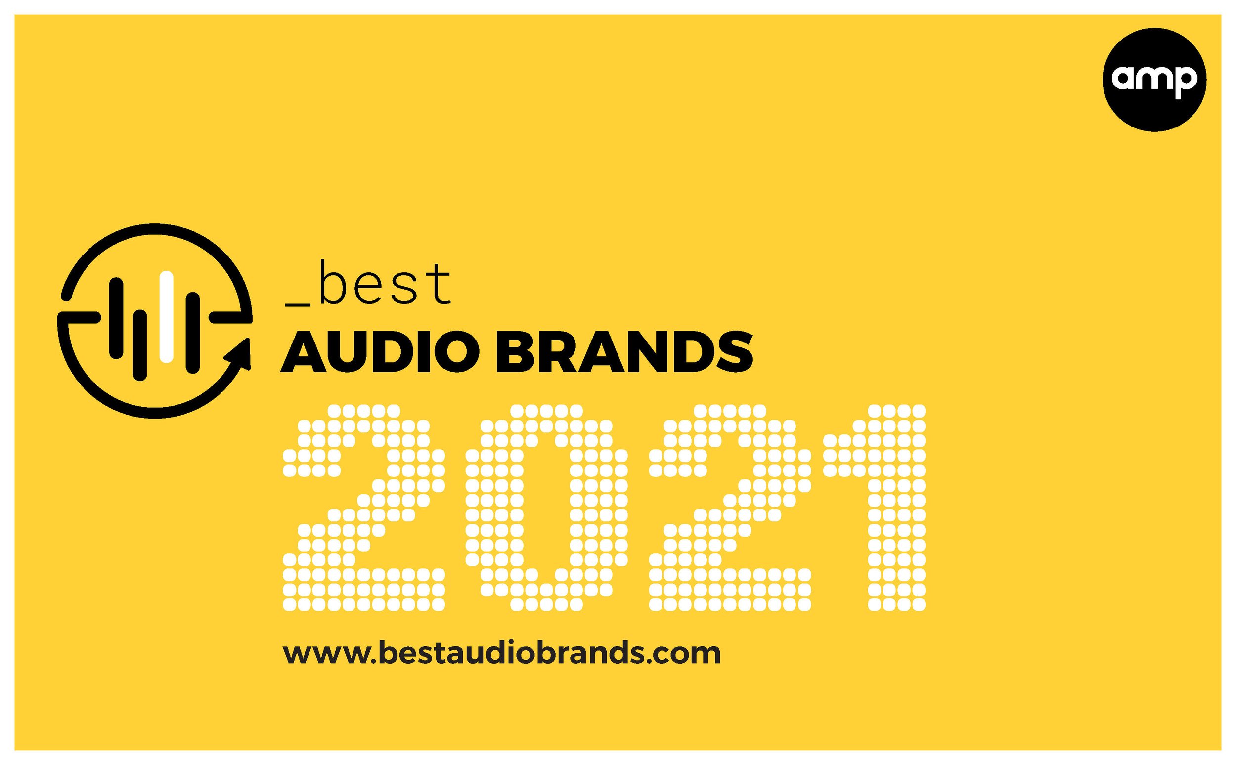Yellow graphic with black and white text that reads 'Best Audio Brands 2021' and includes a black circle with 'amp' in white. The graphic features a stylized black sound wave icon and the website www.bestaudiobrand.com.