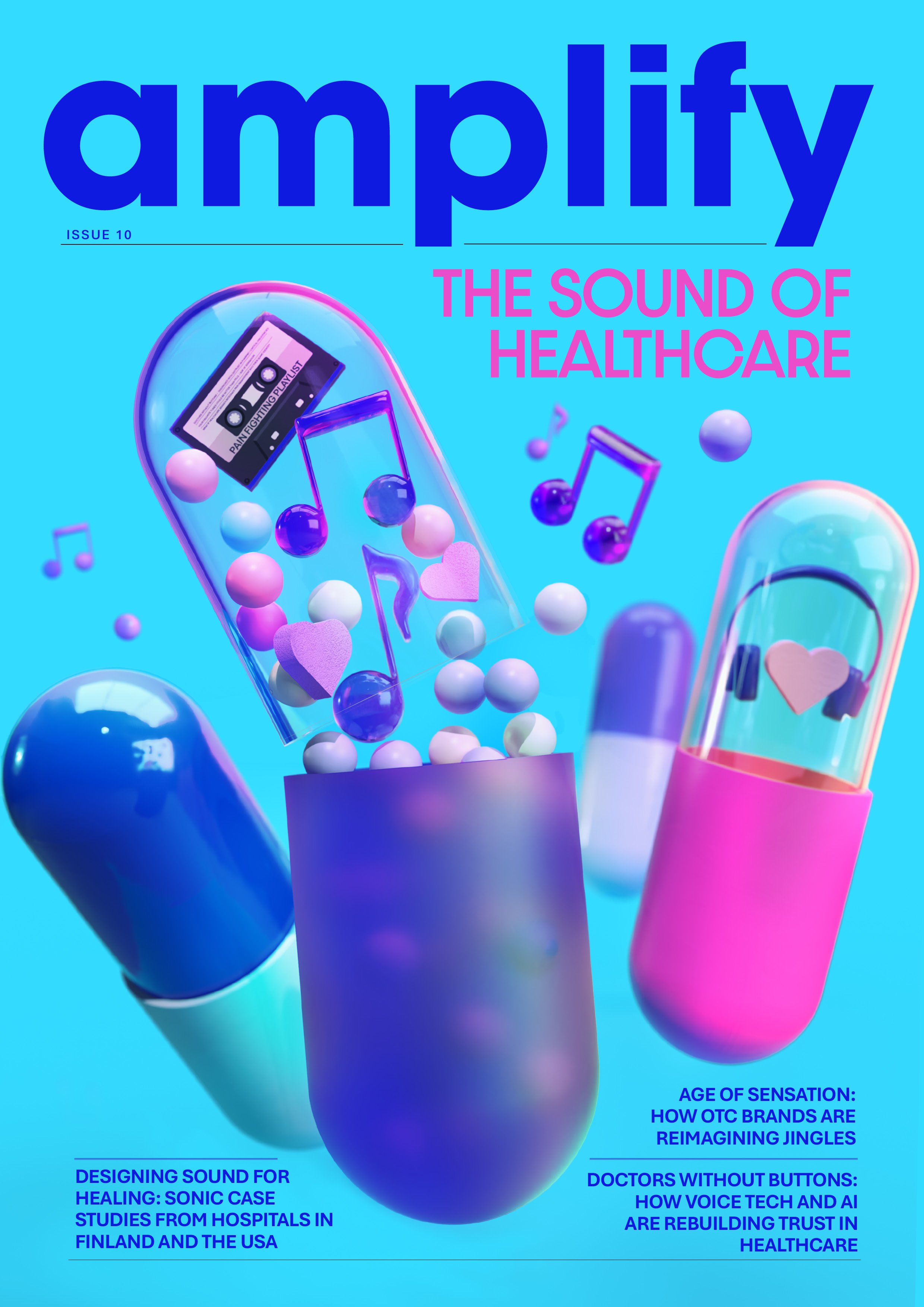 A magazine cover titled 'amplify' features colorful digital illustrations of pills, capsules, and music notes on a bright blue background, emphasizing the intersection of sound and healthcare.