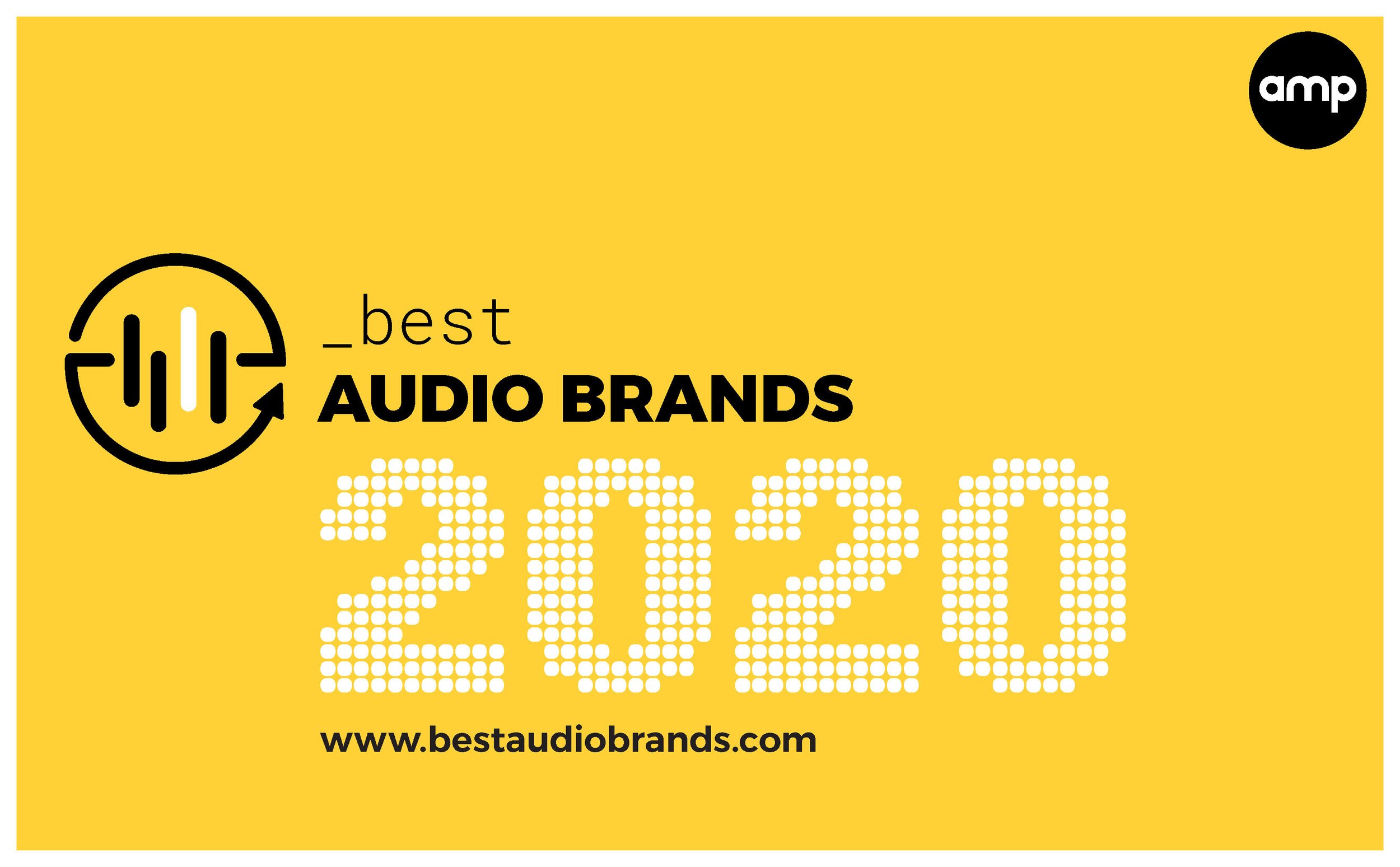 Best audio brands of 2020 badge with yellow background, black and white text, and a logo featuring sound waves and an arrow inside a circle.