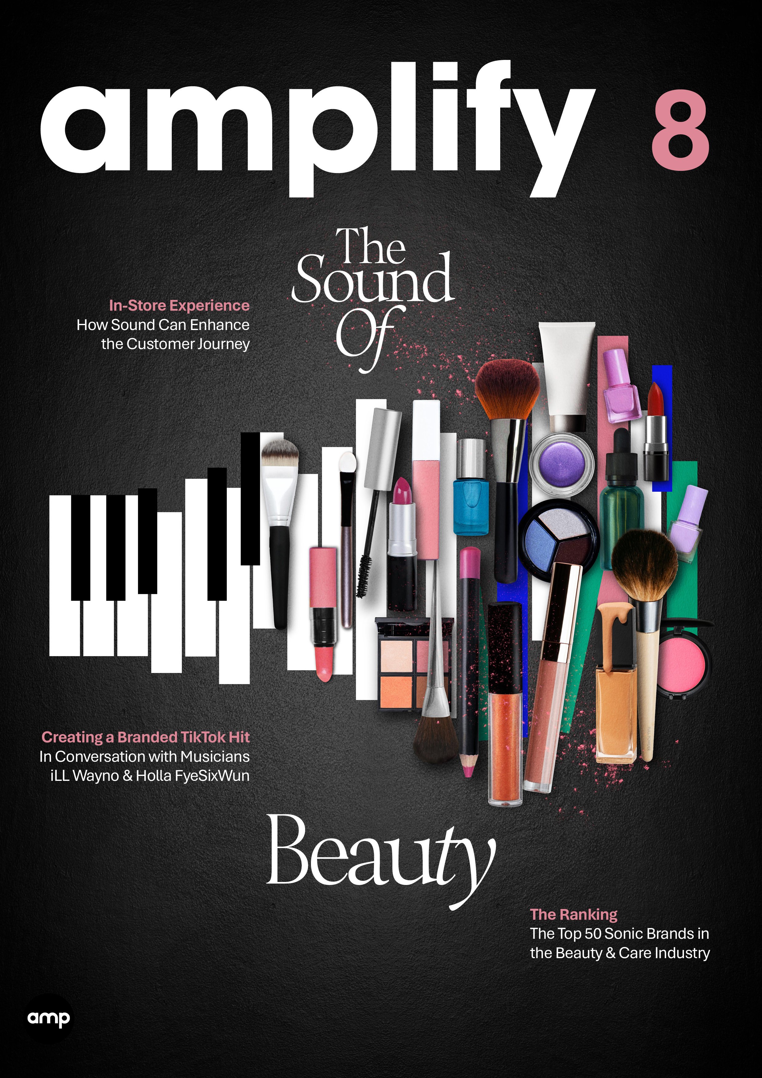 Magazine cover titled 'amplify 8' featuring the theme 'The Sound of Beauty' with a background of various makeup brushes, cosmetics, and beauty tools arranged over a keyboard graphic. Subtitles mention enhancing customer experience, creating branded TikTok hits, and ranking top sonic brands in the beauty industry.