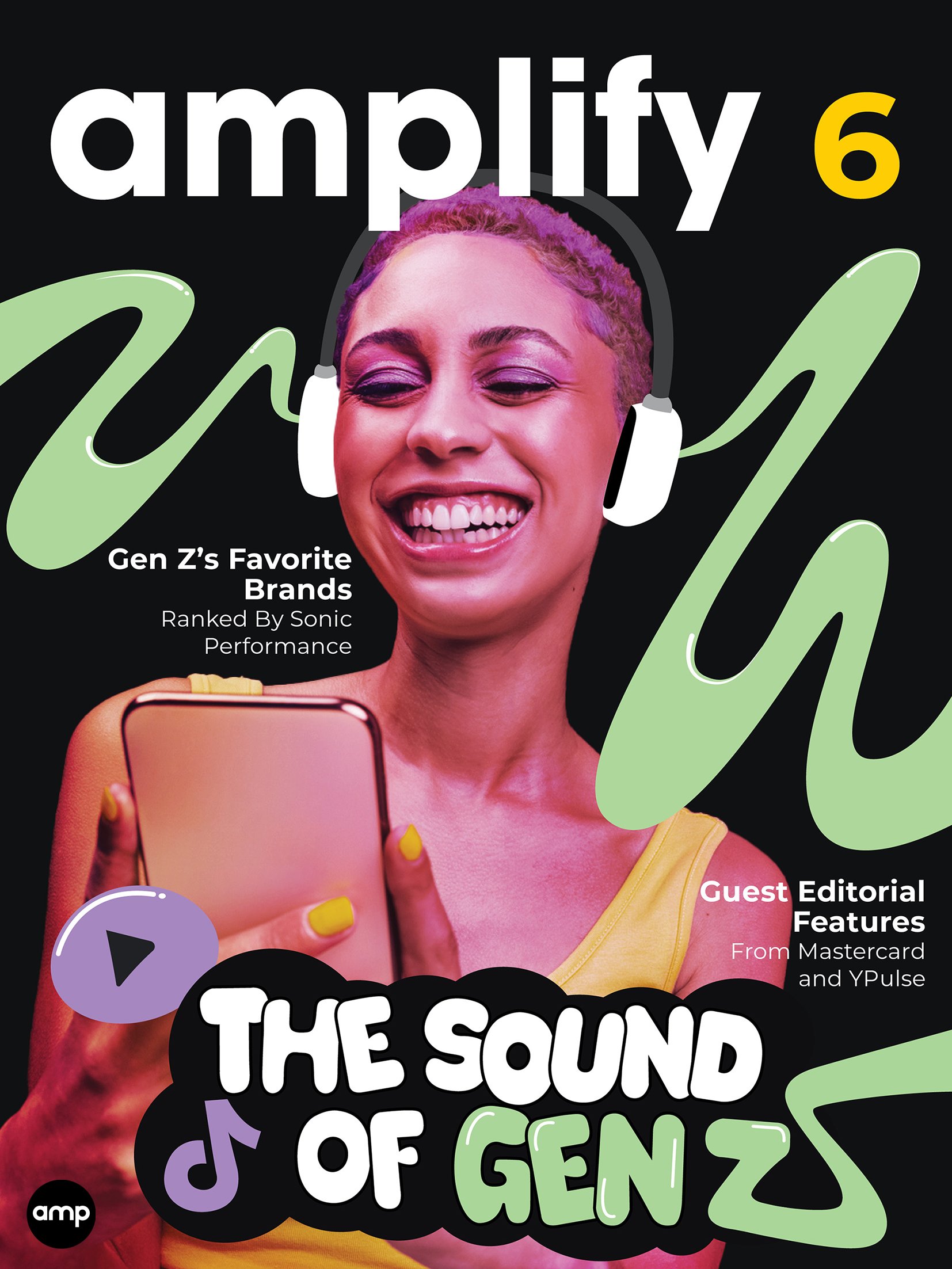 A woman with pink hair, wearing yellow clothing, laughing and looking at her smartphone, with music-themed graphics and magazine text about Gen Z's favorite brands and sound.