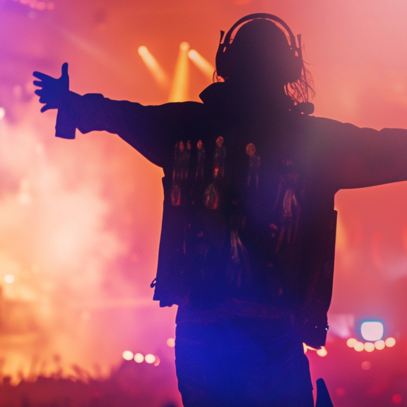 Silhouette of a person wearing headphones with arms outstretched on stage during a concert, colorful stage lights in the background.
