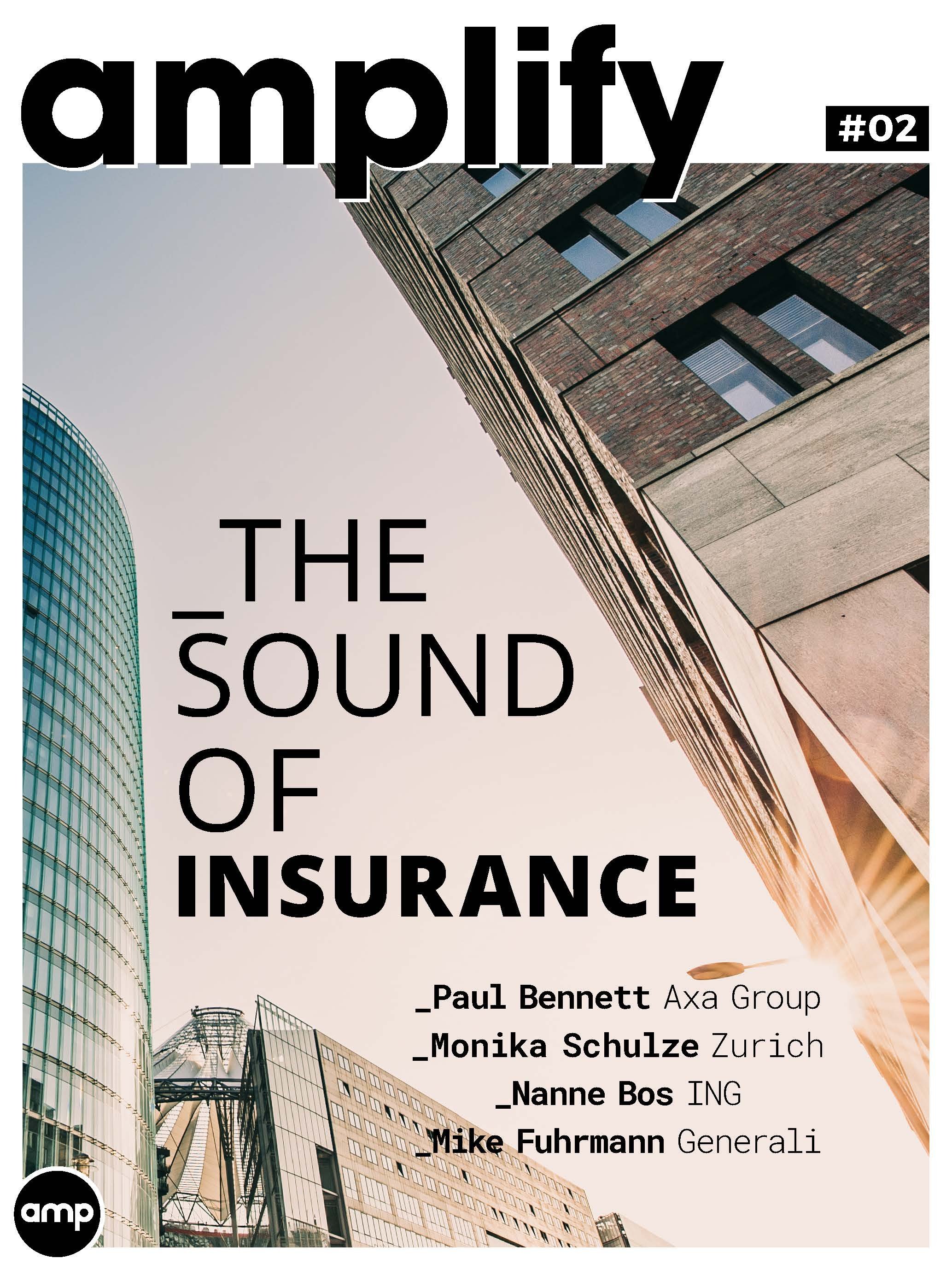 Cover page of a publication titled 'Amplify: The Sound of Insurance,' showing tall modern buildings against a clear sky, with names of contributors listed at the bottom.