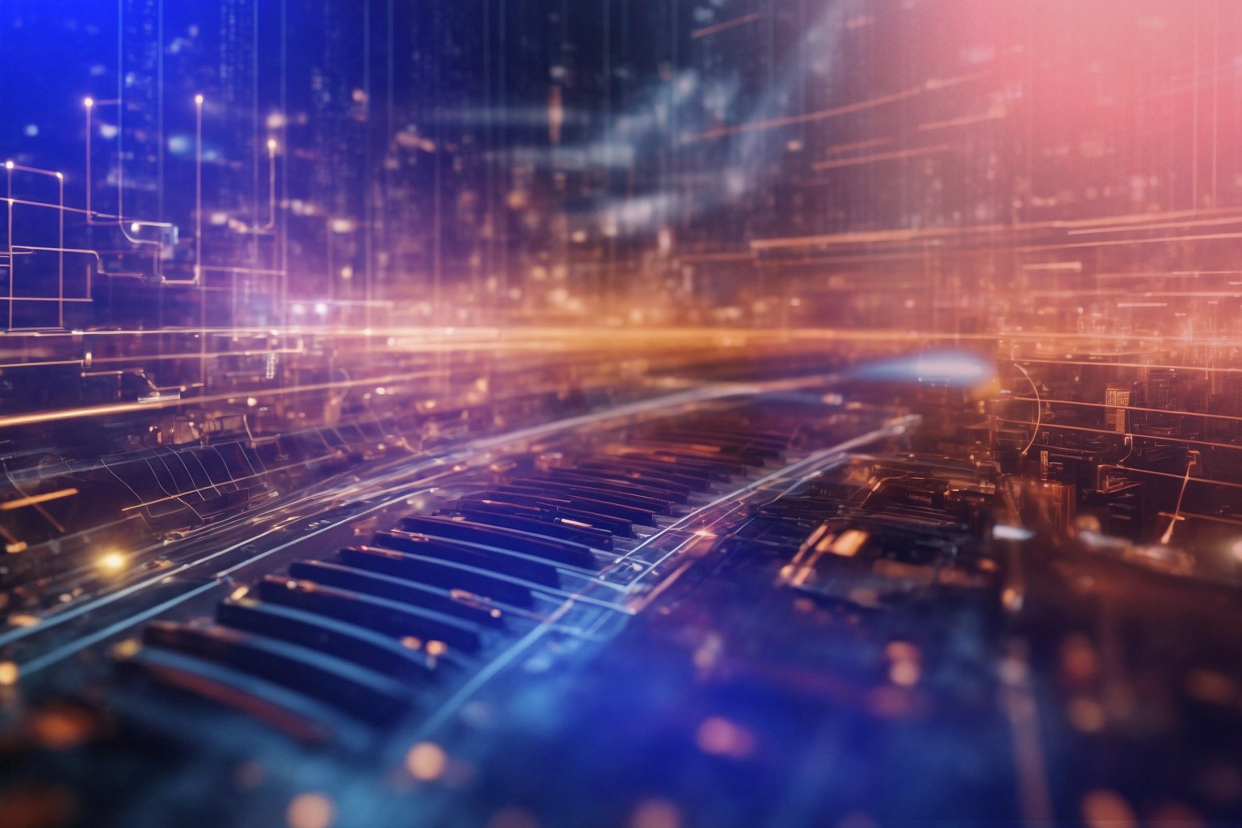 A digital abstract scene with a piano keyboard, glowing lights, and futuristic digital grid overlays, creating a high-tech, cyber aesthetic.