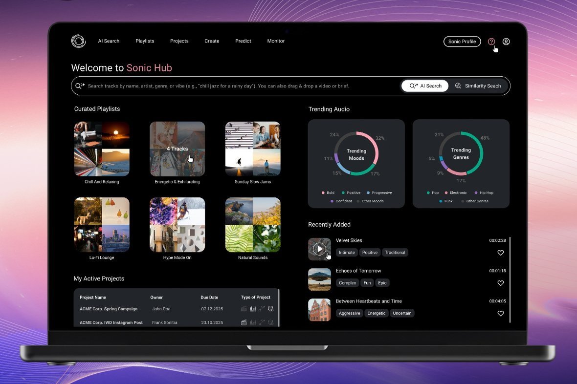 Laptop screen displaying the Sonic Hub music platform with curated playlists, trending audio charts, recently added tracks, and active project lists against a colorful abstract background.