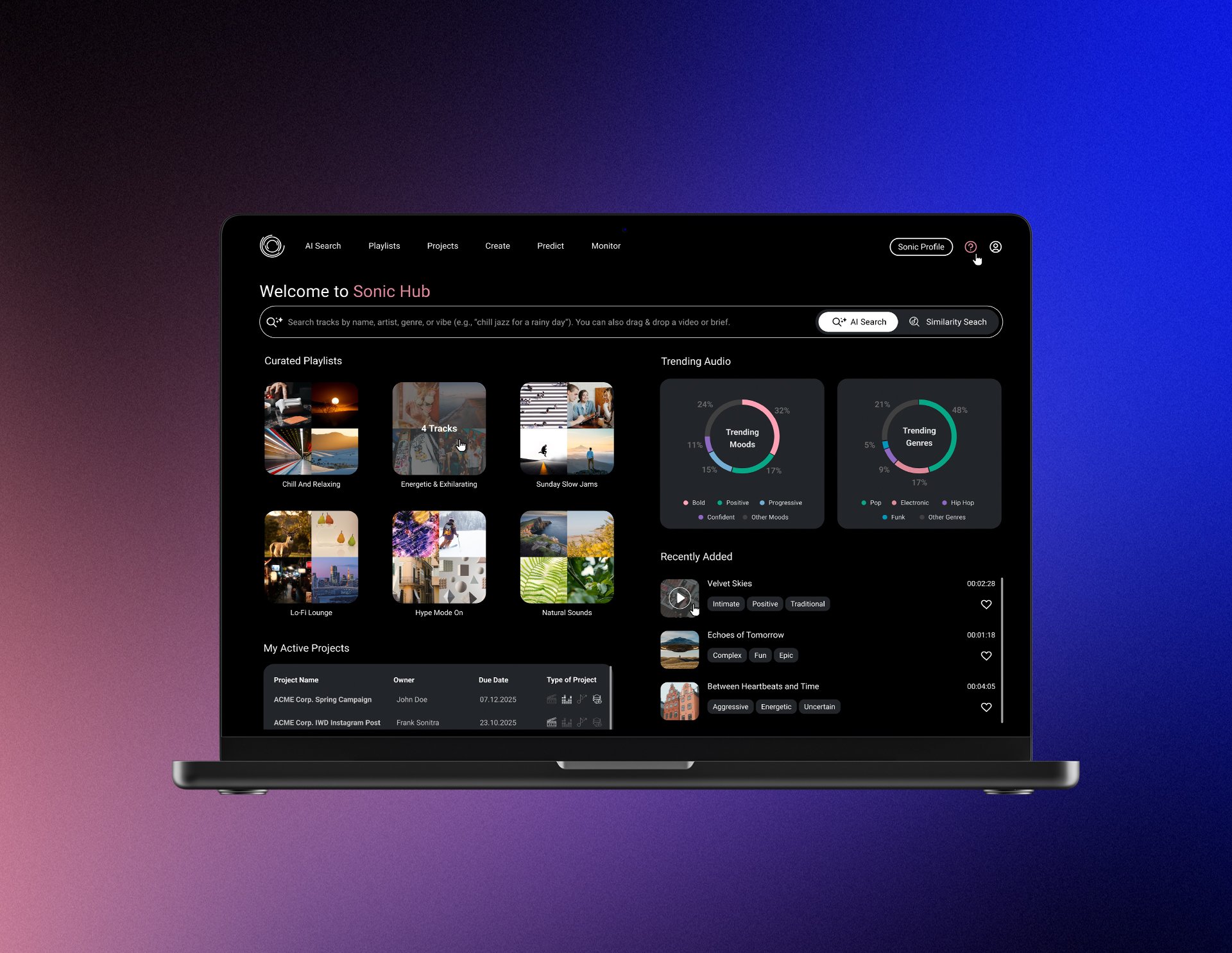Sonic Hub is the world’s first end-to-end AI audio operating system for brands, agencies, and content creators, streamlining music curation, music and voice creation, audio prediction, and monitoring–all in one place.