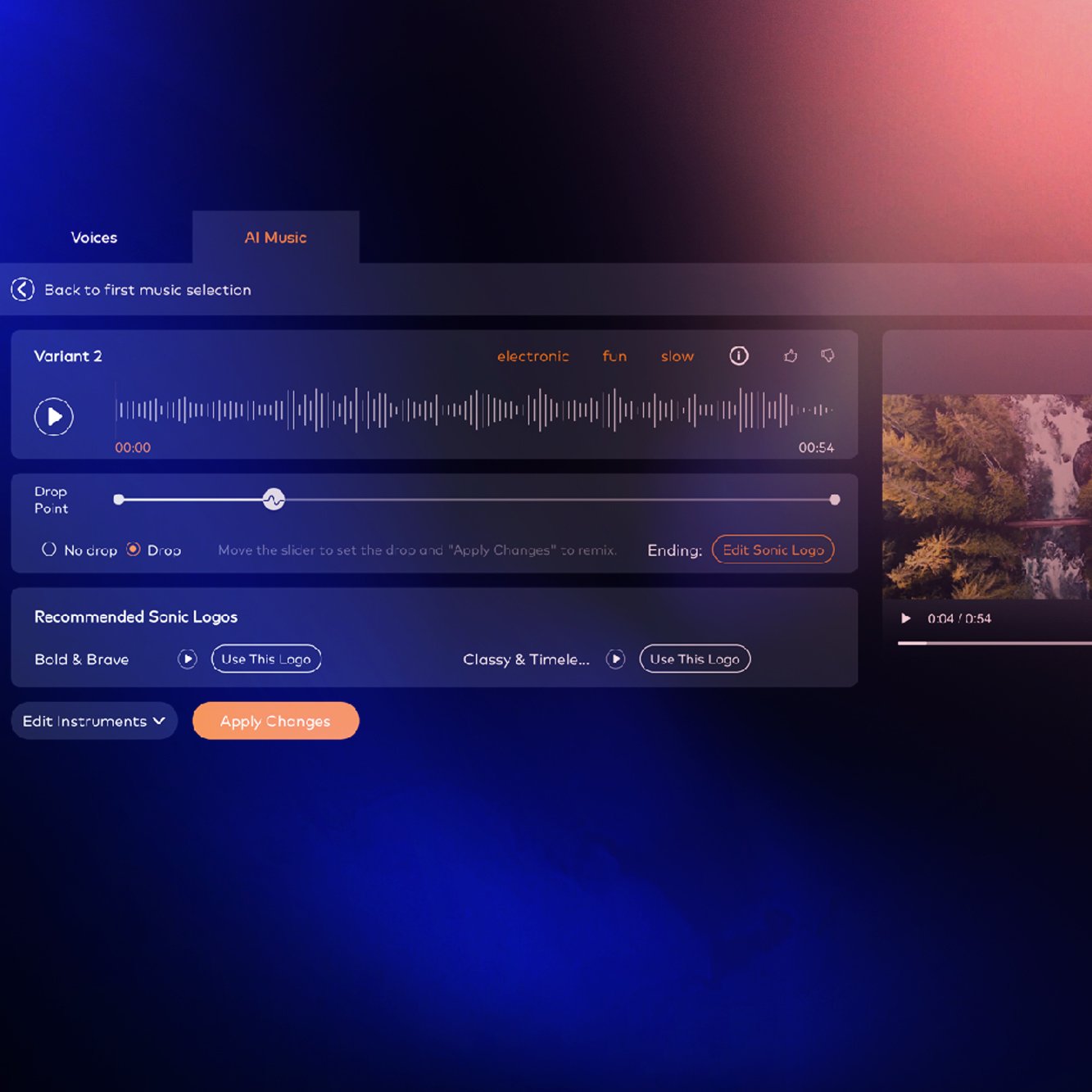 Screenshot of an AI music creation interface displaying a waveform, options for remixing, and icons for selecting sonic logos, set against a gradient background with a small preview window on the right.