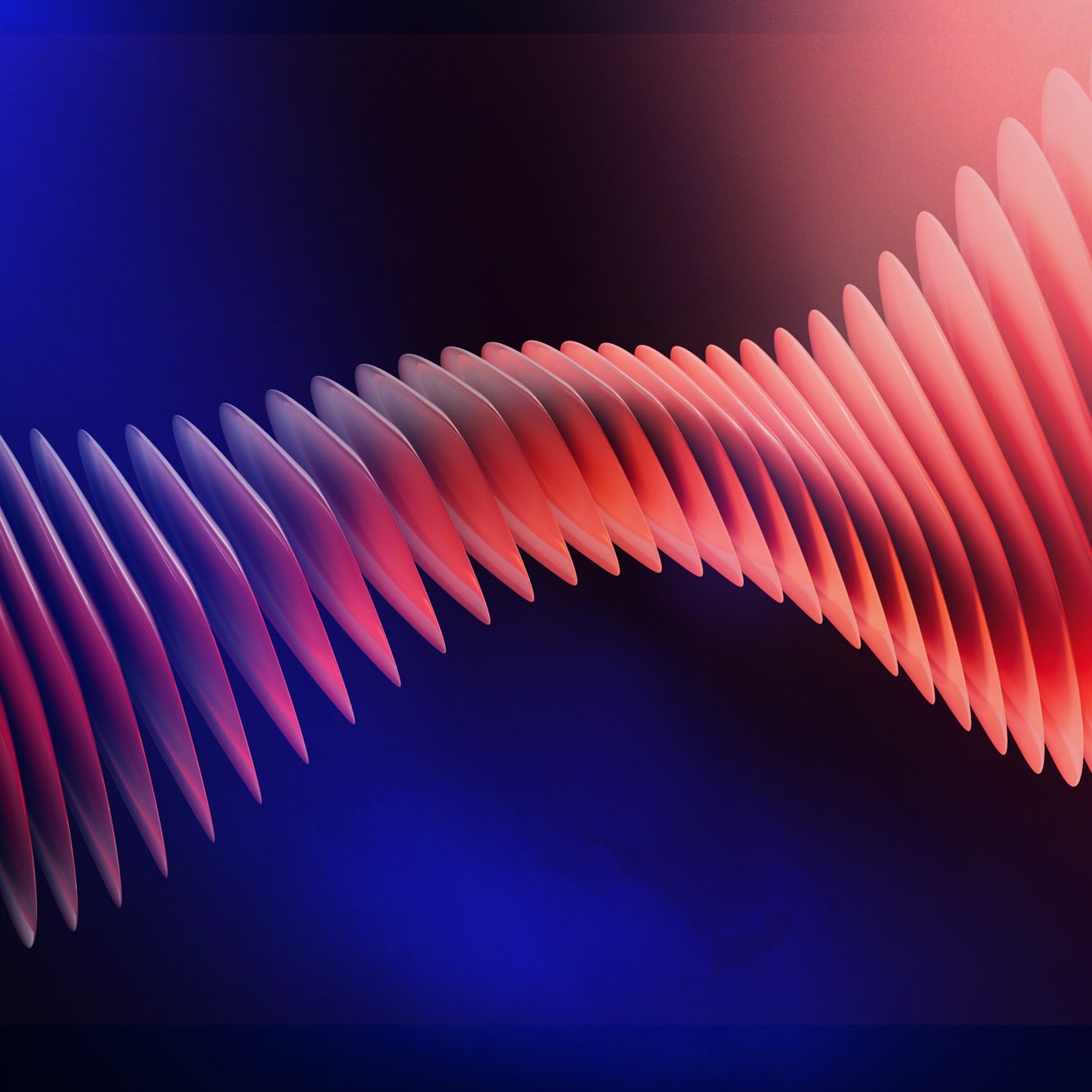 Abstract digital artwork featuring a spiral of red and purple 3D pointed fins against a dark blue and pink gradient background.