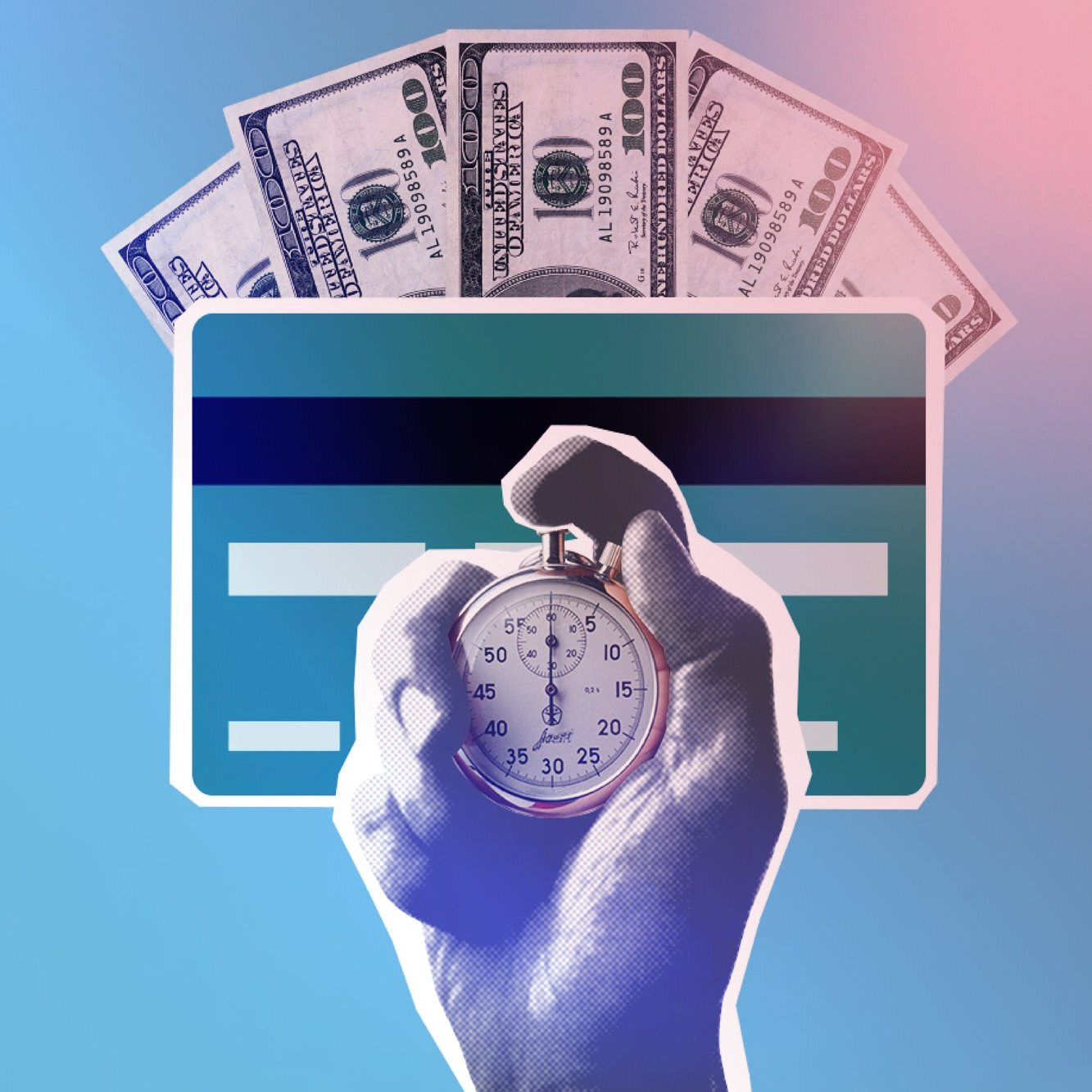 A hand holding a stopwatch in front of a card with a stripe, with three one hundred dollar bills above.