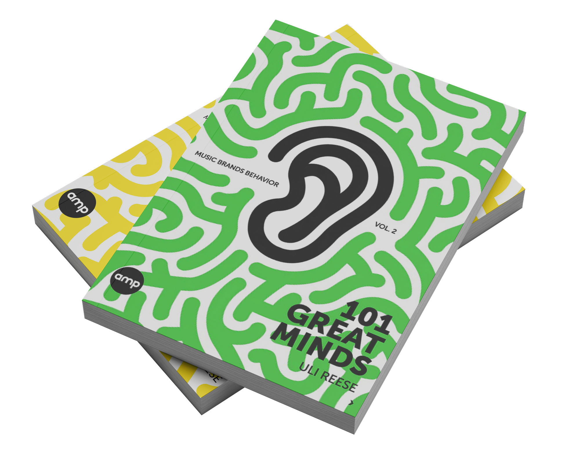 Stacked books titled '101 Great Minds' by Uli Reese, featuring colorful abstract cover art with an ear symbol and maze-like patterns.