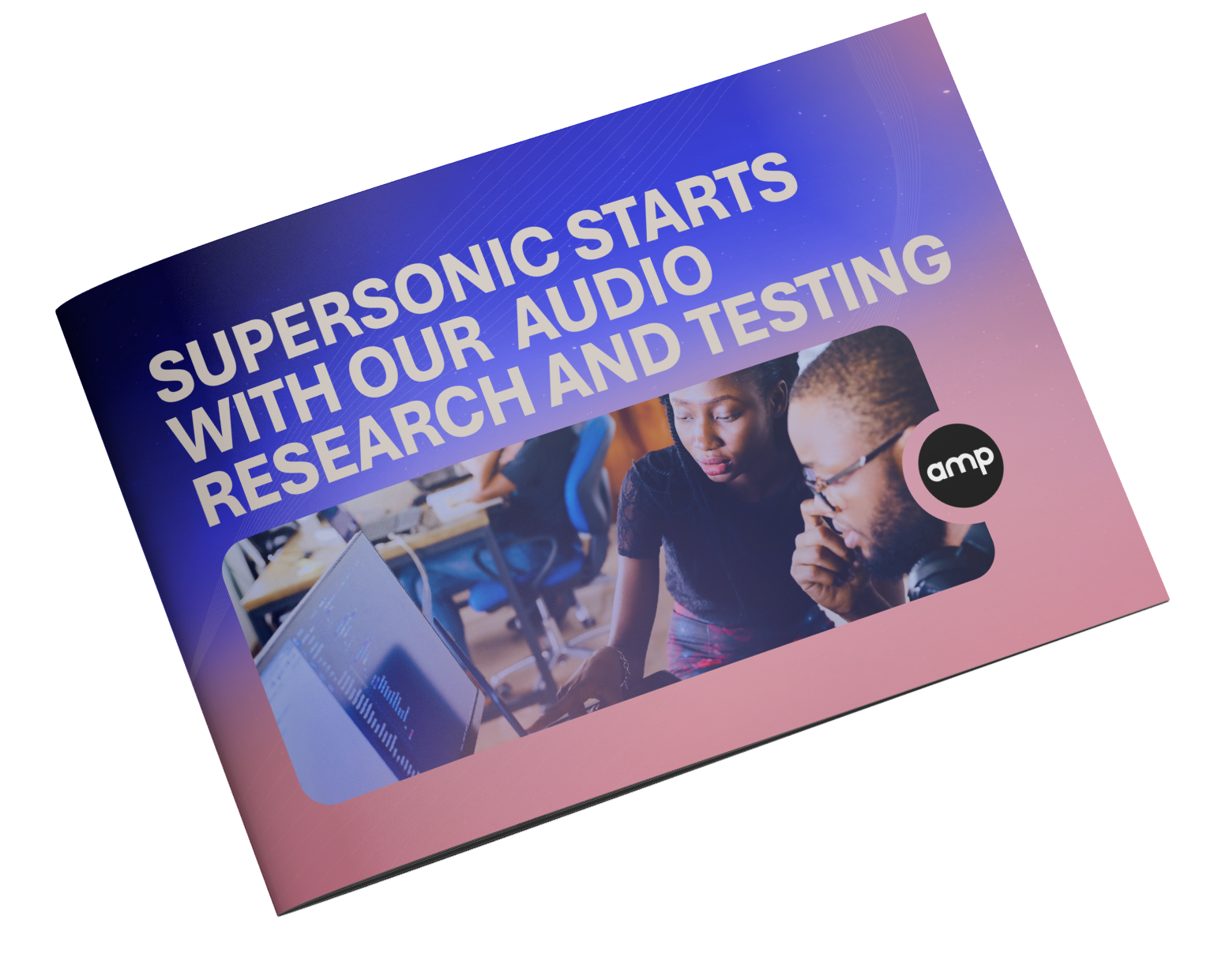 Brochure with a purple and pink gradient background, showing two people discussing audio research at a computer; text reads 'Superonic starts with our audio research and testing' and includes a logo with 'amp' in a black circle.