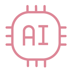 Pink outline of a microchip with the letters AI inside