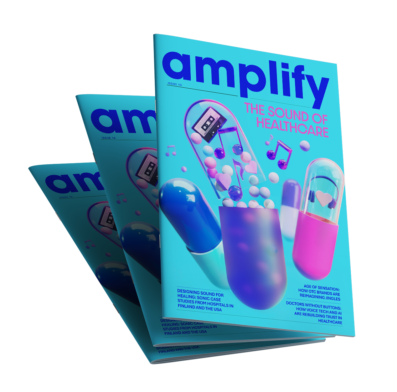 Three copies of a magazine titled 'amplify' with the main headline 'The Sound of Healthcare' on a black background. The cover features digital graphics of a capsule, a pill, and music notes.
