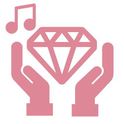 Icon showing hands holding diamond and music note, symbolizing brand personality and mission.