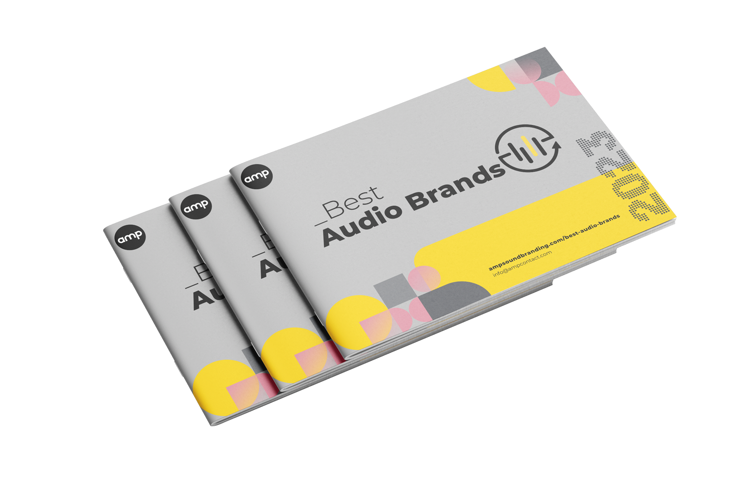 Leaflet titled 'Best Audio Brands' with a logo, colorful abstract shapes, and a website URL on a yellow strip.