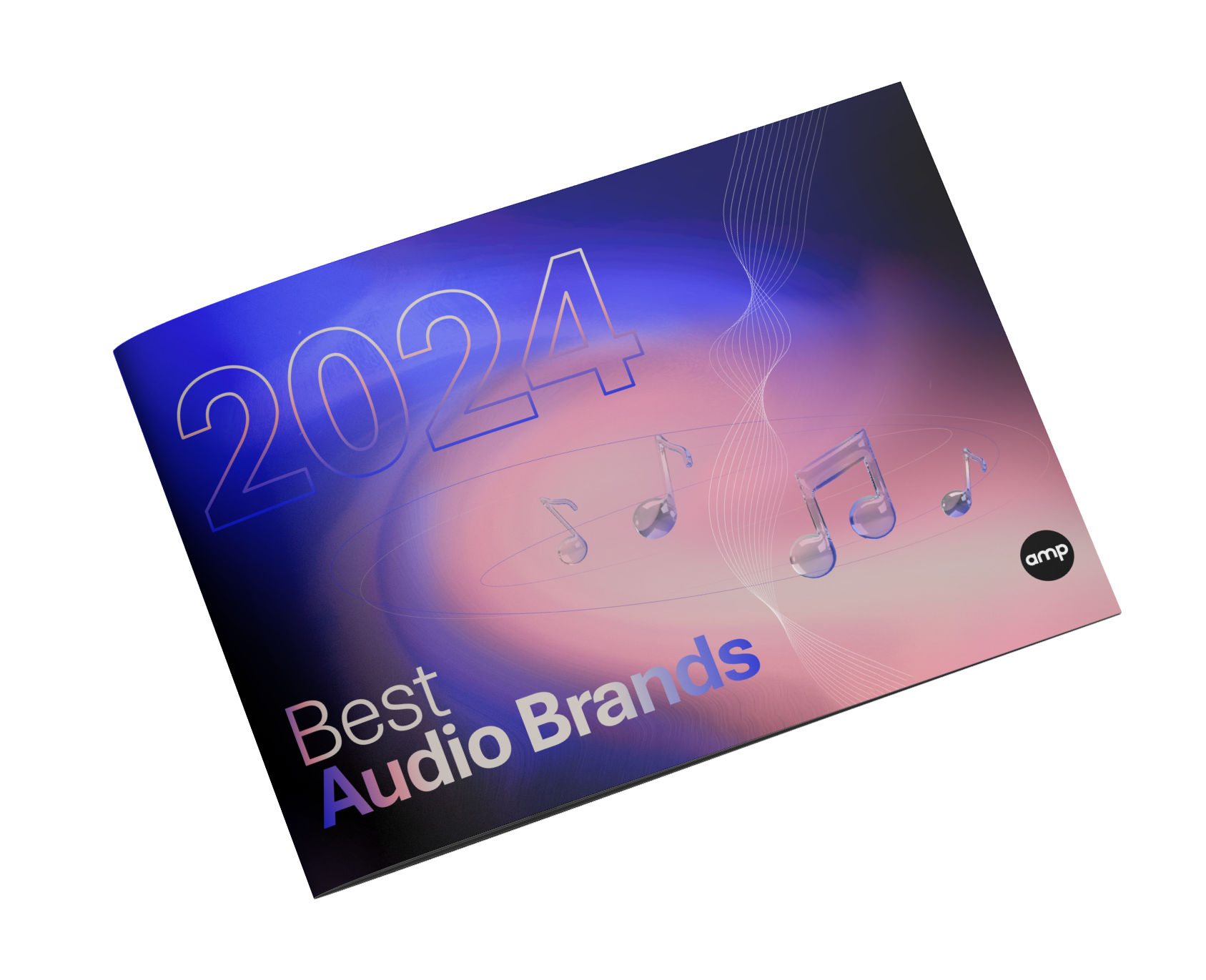 Book cover titled '2024 Best Audio Brands' with musical notes and a gradient purple and pink background.