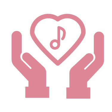 Pink outline of two hands holding a heart with a music note inside it.