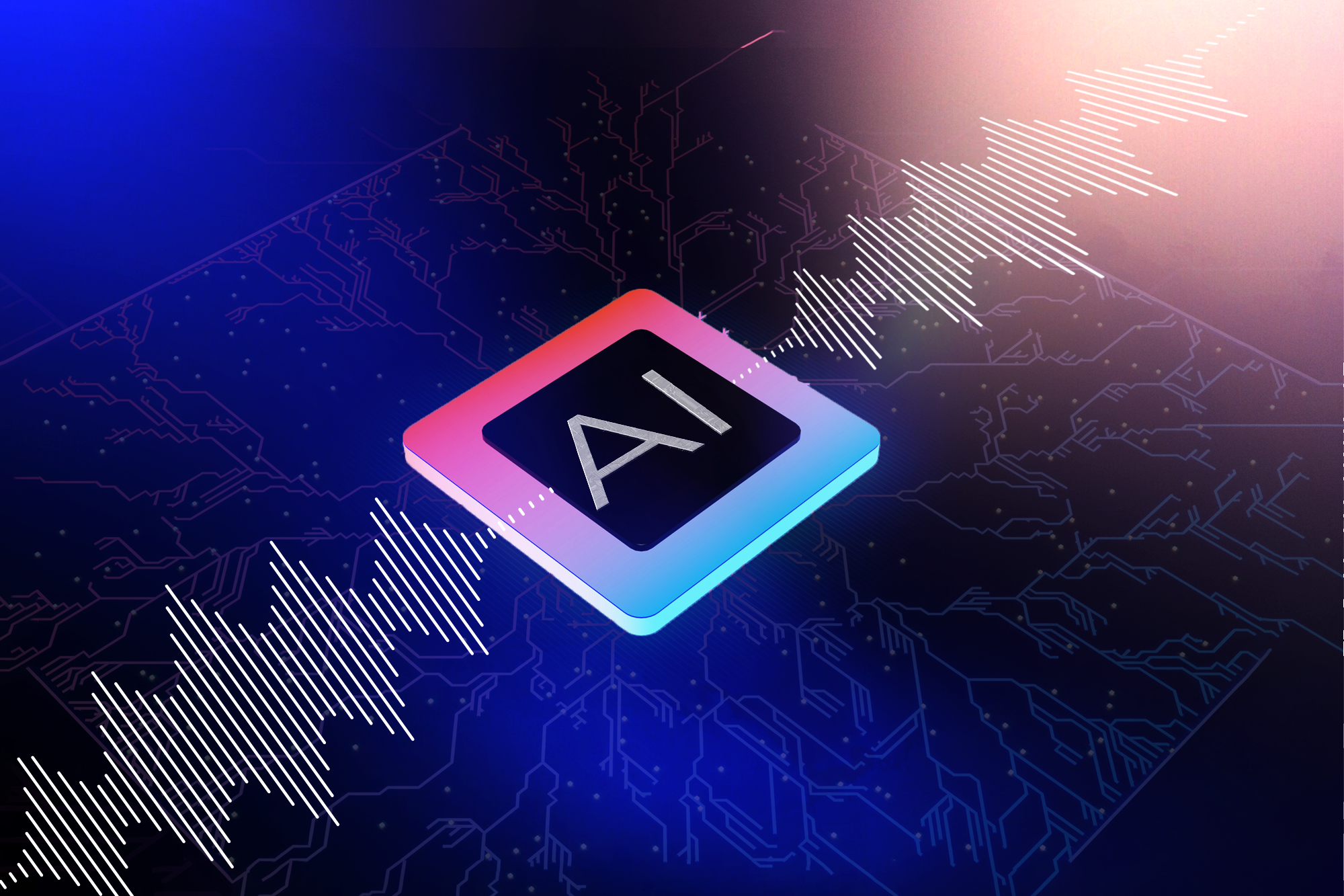 A digital illustration of a microchip with the text 'AI' on it, surrounded by circuit lines and abstract digital graphics, representing artificial intelligence technology.