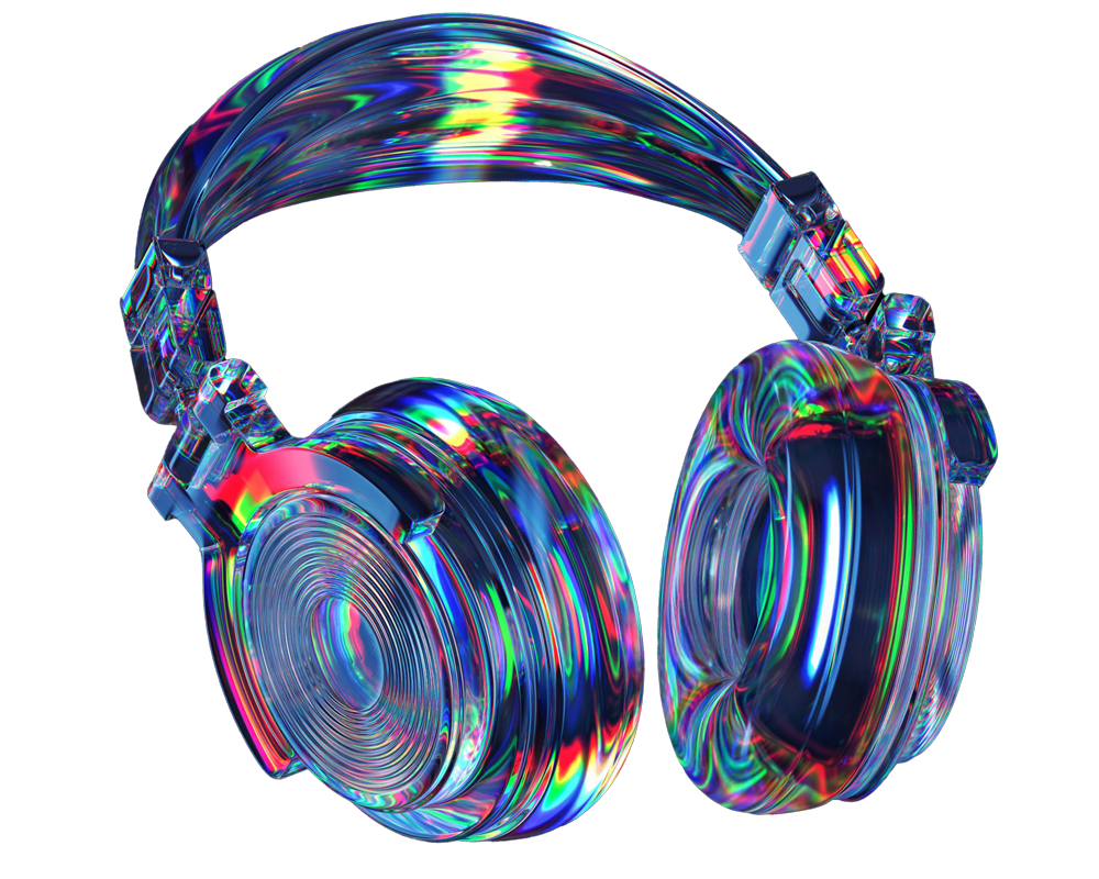 A digital rendering of rainbow-colored, transparent headphones against a black background.