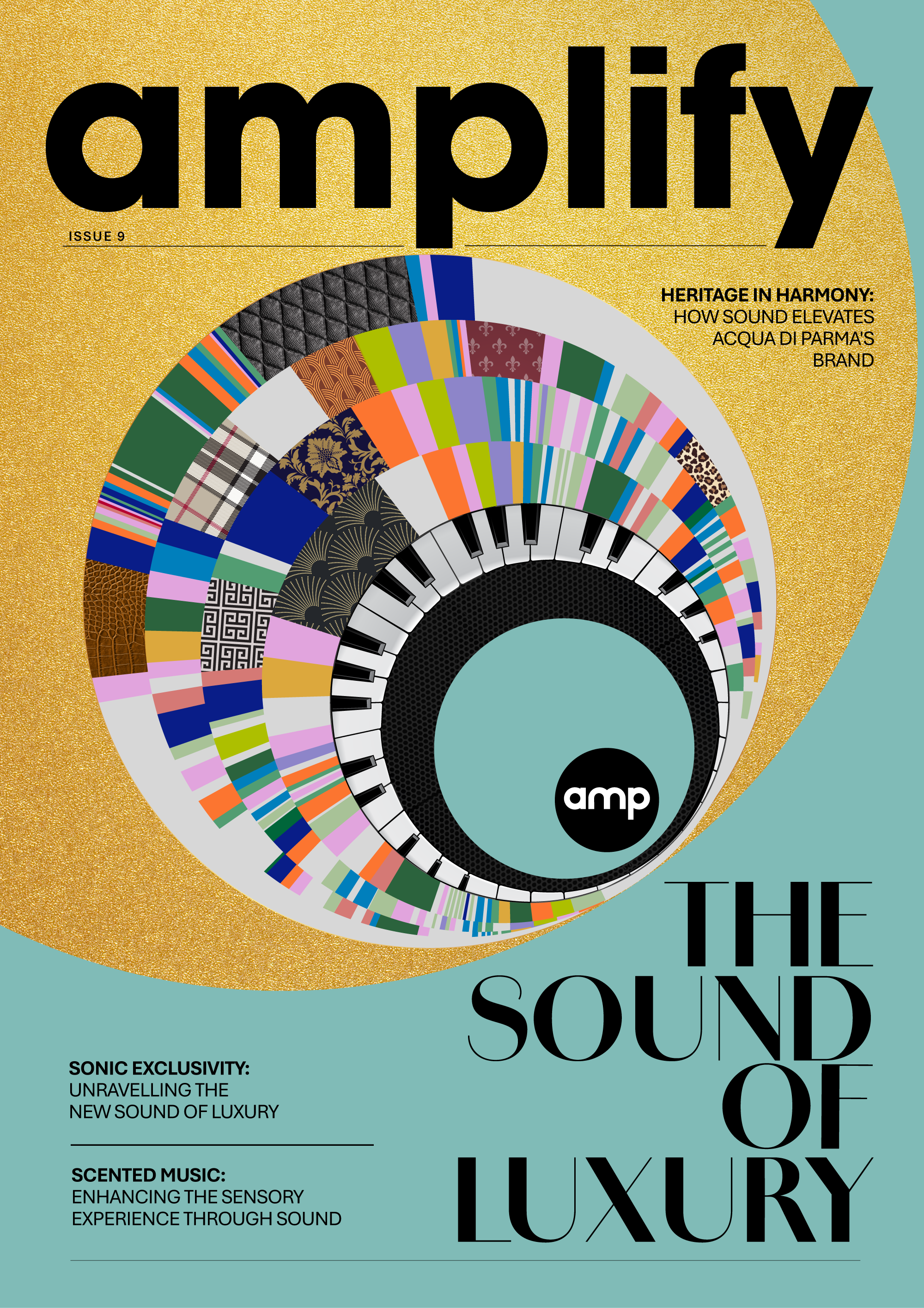 Magazine cover titled 'amplify' with a spiral of colorful fabric swatches, a piano keyboard inside the spiral, and text about sound, luxury, and heritage.