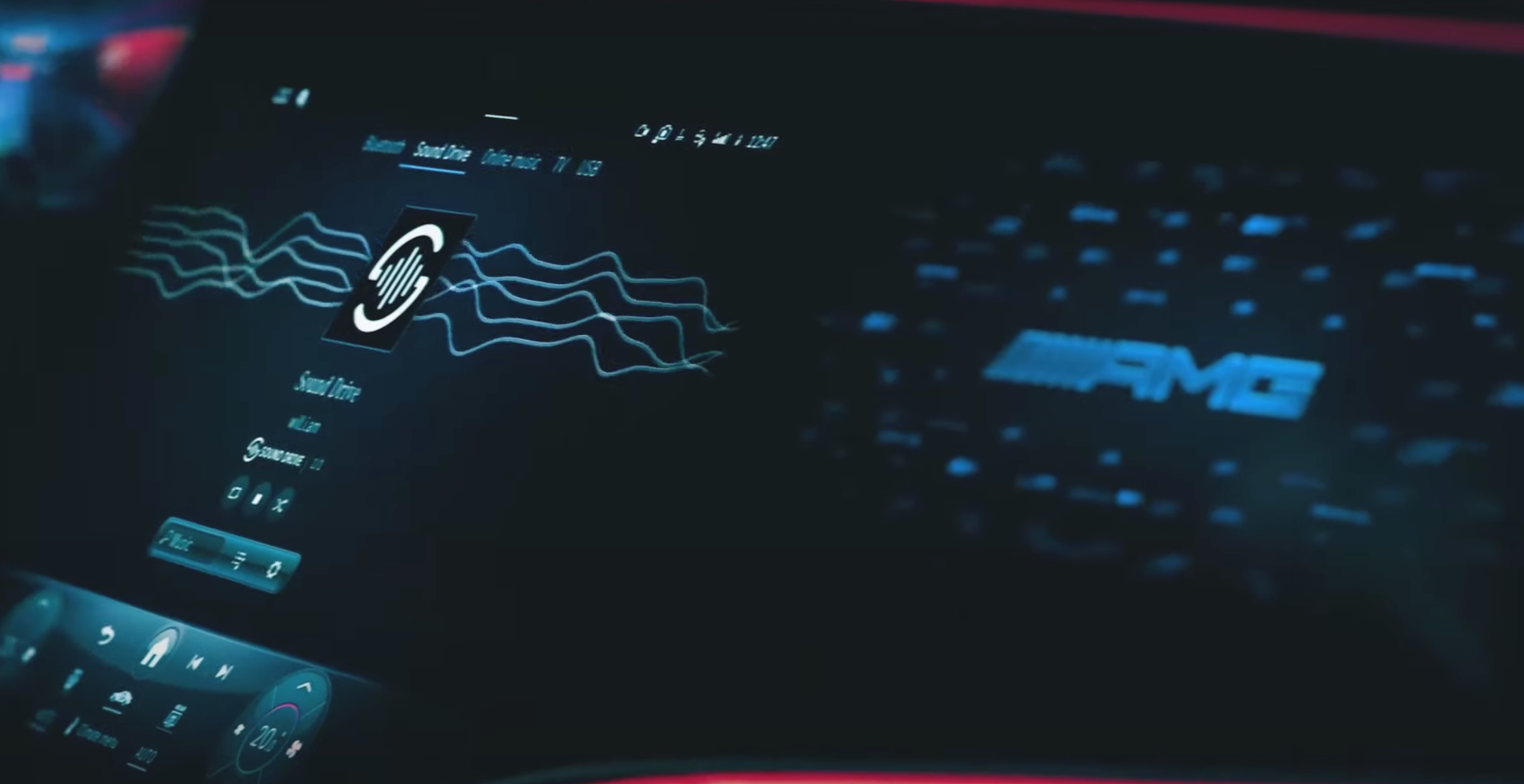 Close-up of a car dashboard screen displaying sound wave graphics, a logo, and options for sound settings, with a blurred Mercedes-Benz logo visible on a keyboard in the background.