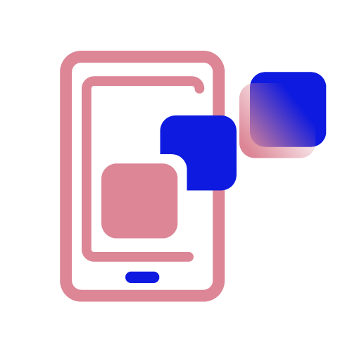 Abstract logo with pink background and blue geometric shapes.