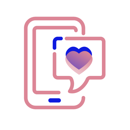 A pink Facebook logo with a blue letter 'f' and a purple heart icon.