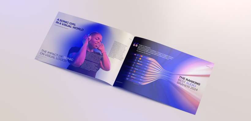 Open spread of the 2024 Best Audio Brands report highlighting top 100 brands in sonic branding.