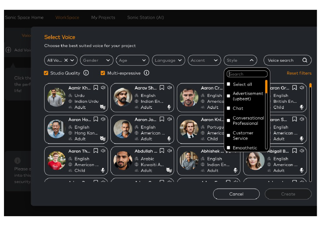 Screenshot of a voice selection interface for a speech synthesis application, showing various voice options with filters for voice type, gender, age, language, accent, and style. The interface includes a search bar, checkboxes for preferences, and options to cancel or create a voice profile.