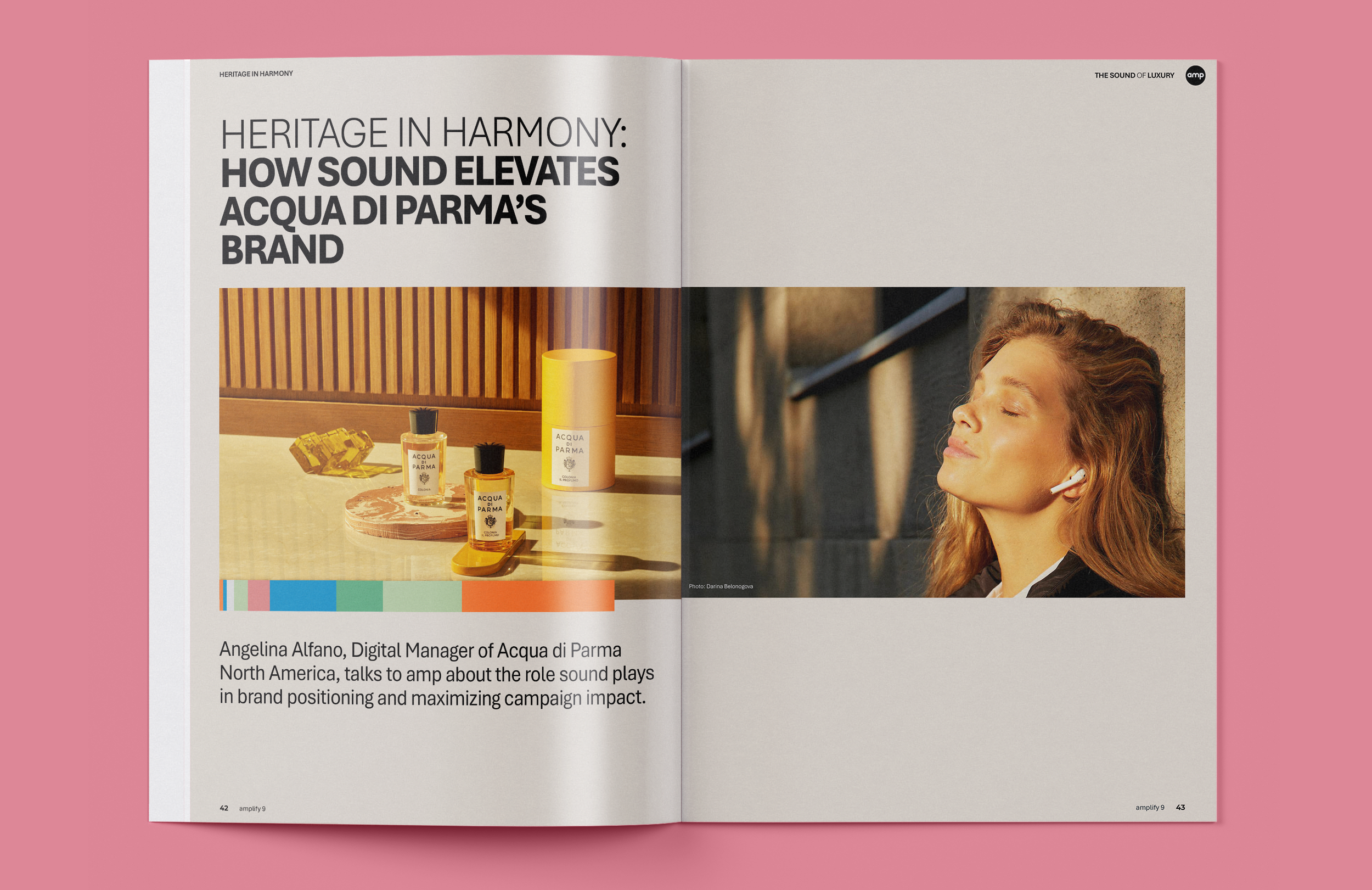 Magazine spread discussing Acqua di Parma, featuring product displays and a woman with red hair enjoying music with her eyes closed outdoors.