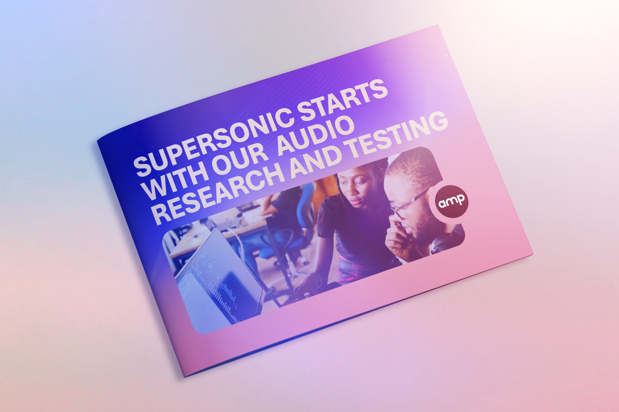 Brochure with purple and pink gradient background featuring a photo of two people working on a computer, with the text 'Superonic Starts with Our Audio Research and Testing' and the amp logo.