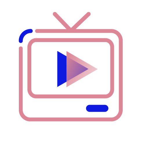 A stylized pink television with a blue play button icon on the screen.
